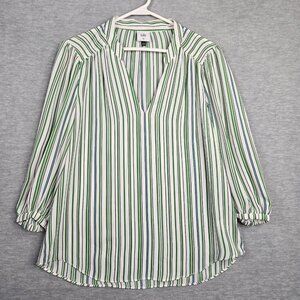 Cabi Women's Size XS Green Black White Stripes 3/4 Sleeve Shirt